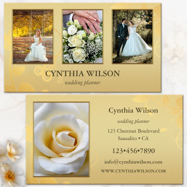 Your 4 Photos Elegant Gold Wedding Planner Business Card (Wedding planner business card featuring 4 custom photos framed by an elegant floral gold design)