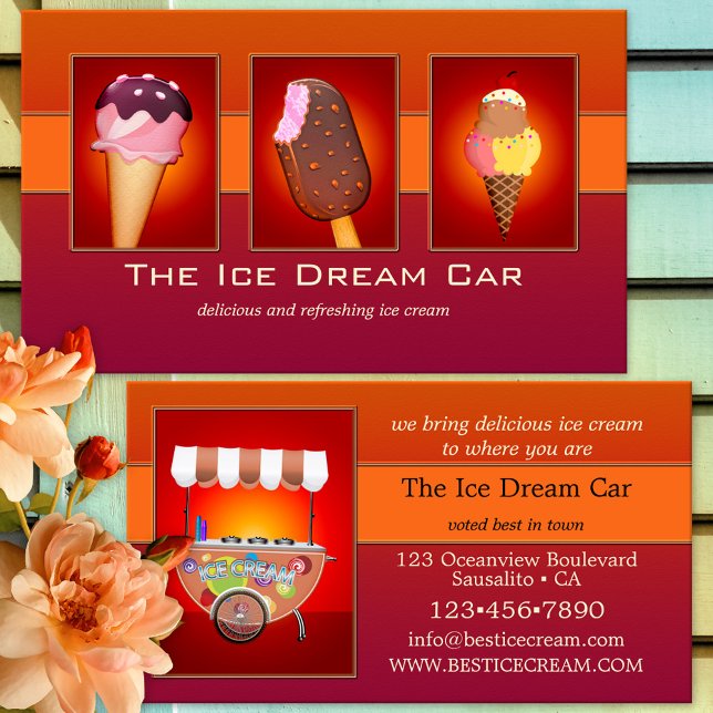 Your 4 Photos Eye Catching Ice Cream Business Card (Ice cream business card featuring your custom photos framed by bold colored red-orange)