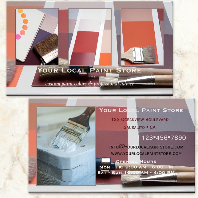 Your 4 Photos Paint Store Home Decoration Business Card (Business card featuring your photos (optional) framed by paint swatches and brushes - paint retailer)