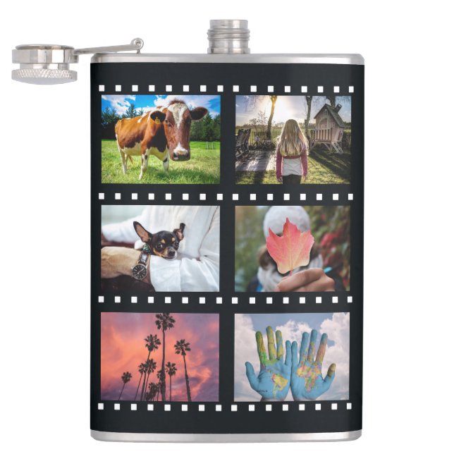 YOUR 8 PHOTOS in "film strips" custom flask (Opened)