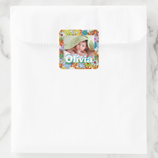 Your Baby Photo Colourful Floral Pattern Square Sticker (Bag)