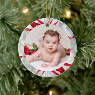 Your Baby Photo CUSTOM White Red Christmas Ribbons Ceramic Ornament