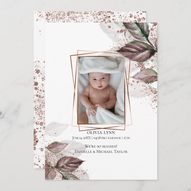 Your Baby Photo Modern Watercolor Foliage Invitation (Front/Back)