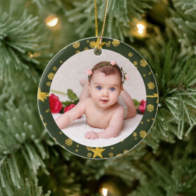 Your Baby's Photo CUSTOM Christmas Gold Green Luxe Ceramic Ornament (Tree)
