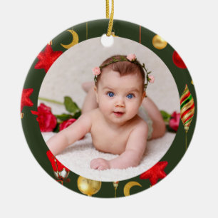 Your Baby's Photo CUSTOM Christmas Gold Red Green Ceramic Ornament