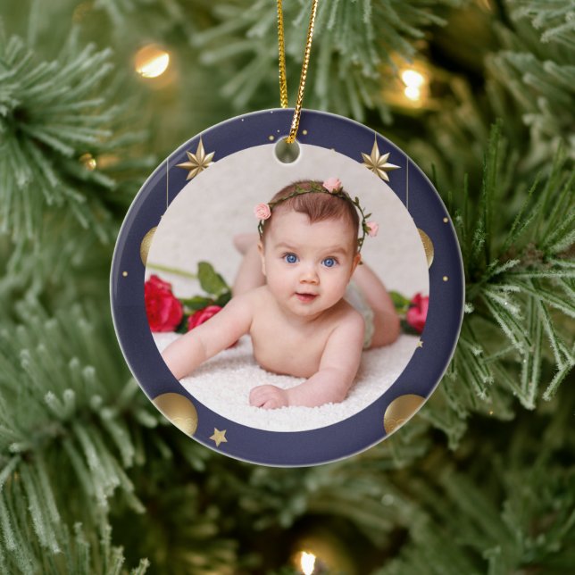 Your Baby's Photo CUSTOM Christmas Purple Gold Ceramic Ornament (Tree)