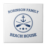 Your Beach House Family Name Anchor Oars Stars Ceramic Tile<br><div class="desc">Stylish ceramic tiles with your personalised family name or other text,  a custom nautical boat anchor with crossed oars and stars in navy blue on white or choose background colours to match your decor.</div>