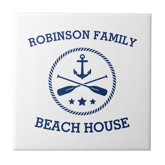 Your Beach House Family Name Anchor Oars Stars Ceramic Tile (Front)