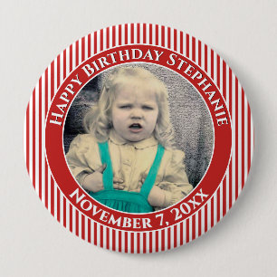 Your Birthday Photo Simple Stripes Red/White 10 Cm Round Badge