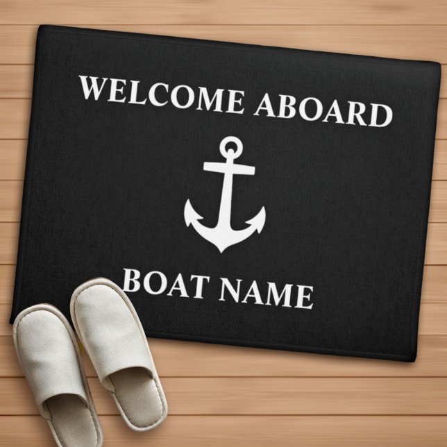 Your Boat Name Anchor Black Welcome Aboard Doormat (Creator Uploaded)