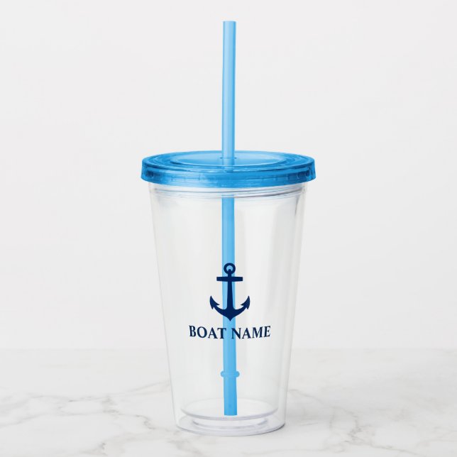 Your Boat Name Anchor Blue Acrylic Tumbler (Front)