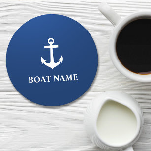 Your Boat Name Anchor Blue Round Paper Coaster
