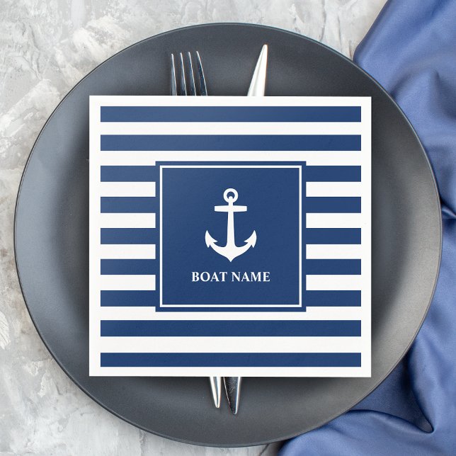 Your Boat Name Anchor Blue Stripes Napkin (Creator Uploaded)
