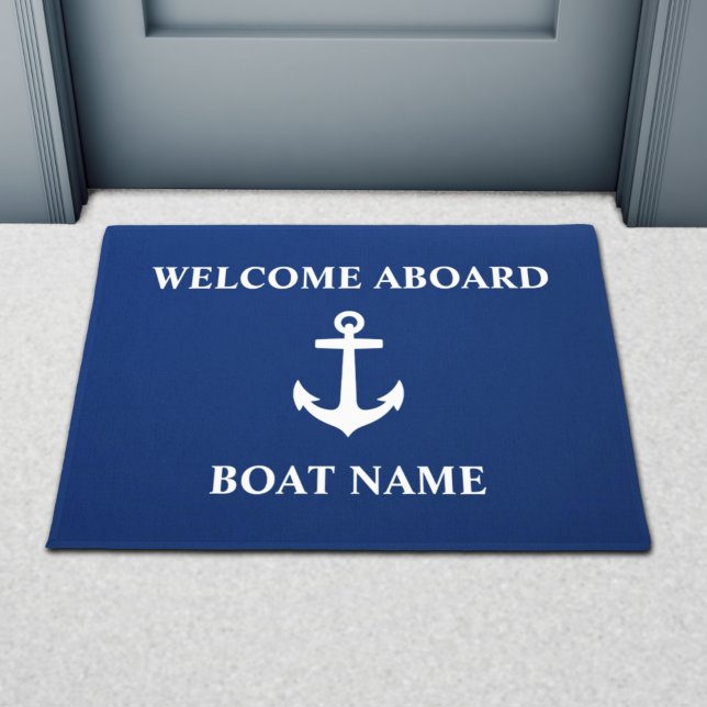 Your Boat Name Anchor Blue Welcome Aboard Doormat (Creator Uploaded)