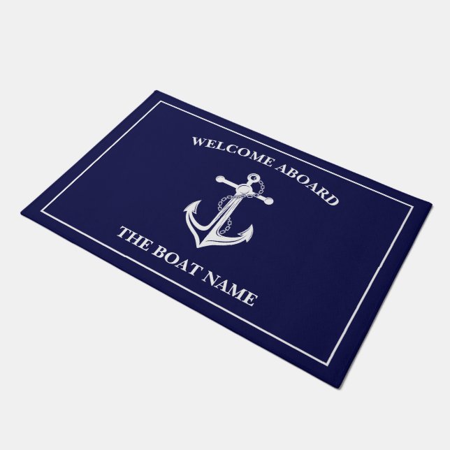 Your Boat Name Anchor Blue Welcome Aboard Doormat  (Angled)
