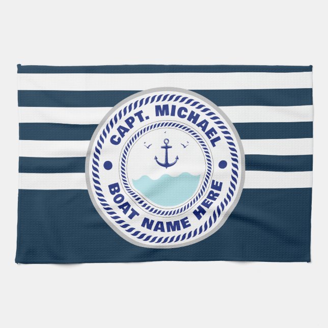 Your Boat Name Anchor Blue white    Tea Towel (Horizontal)