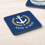 Your Boat Name Anchor Gold Laurel Star Navy Coaster<br><div class="desc">A set of nautical themed cork back beverage coasters with your personalized boat name, family name or other desired text. Features a custom designed boat anchor with gold style laurel leaves and a star on classic navy blue or easily customize the base color to match your current decor or theme....</div>