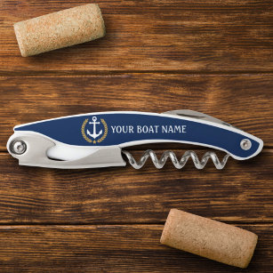 Your Boat Name Anchor Gold Style Laurel Blue Corkscrew