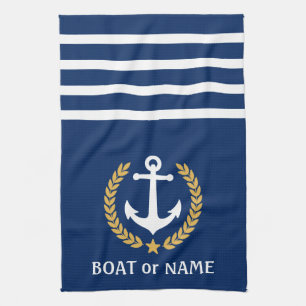 Your Boat Name Anchor Gold Style Laurel Blue Tea Towel