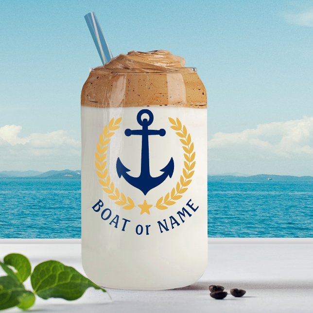 Your Boat Name Anchor Gold Style Laurel Navy Blue Can Glass (Creator Uploaded)