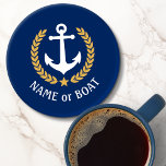 Your Boat Name Anchor Gold Style Laurel Navy Blue Coaster Set<br><div class="desc">A stylish set of nautical themed acrylic coasters with your personalised boat name,  family name or other desired text. Features a custom designed boat anchor with gold style laurel leaves and a star on classic navy blue or easily customise the base colour to match your current decor or theme.</div>