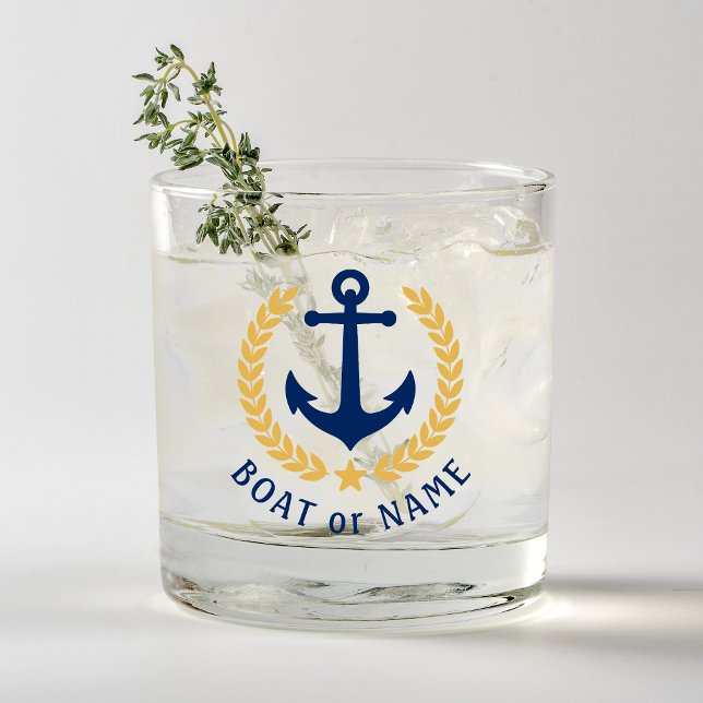 Your Boat Name Anchor Gold Style Laurel Navy Blue Whiskey Glass (Creator Uploaded)