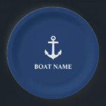 Your Boat Name Anchor Navy Blue 9" Paper Plate<br><div class="desc">Your Boat Name Navy Blue and White Anchor Paper Plate</div>