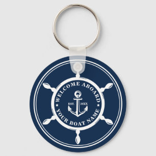 Your Boat Name Anchor Navy Blue Custom Key Ring