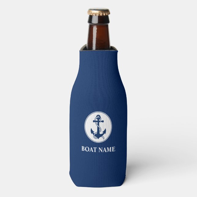 Your Boat Name Anchor & Rope Blue Bottle Cooler (Bottle Front)