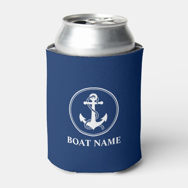 Your Boat Name Anchor Rope Blue Can Cooler (Can Front)