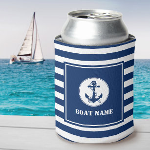Your Boat Name Anchor & Rope Blue Striped Can Cooler