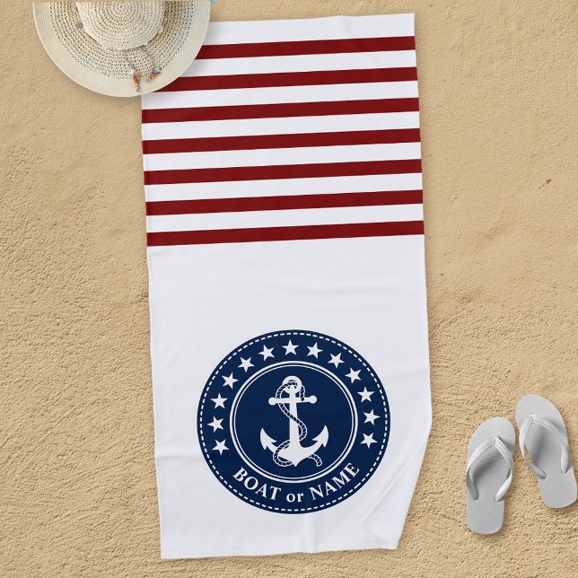 Your Boat Name Anchor Stars Stripes Red White Blue Beach Towel (Creator Uploaded)