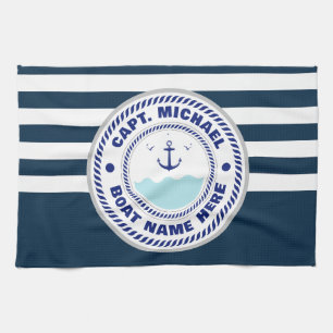 Your Boat Name Anchor Welcome Aboard Blue white    Tea Towel