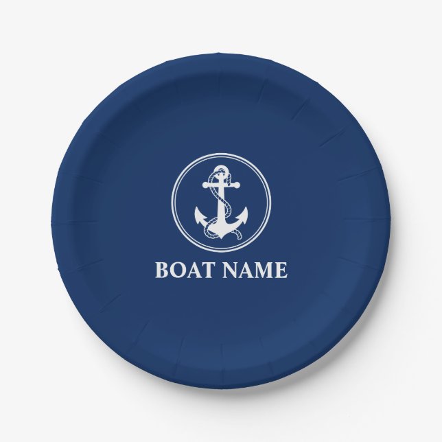Your Boat Name Anchor With Rope Navy Blue 7" Paper Plate (Front)