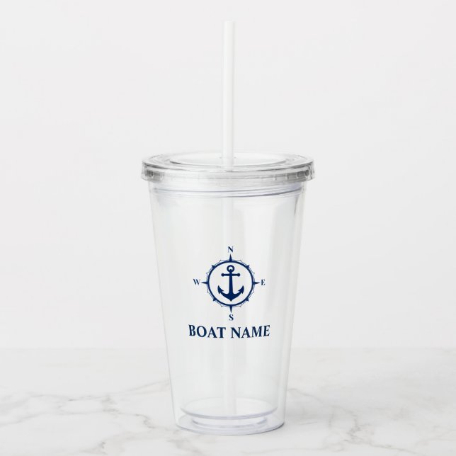 Your Boat Name Blue Compass Anchor Acrylic Tumbler (Front)