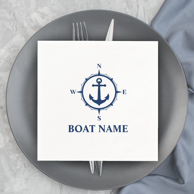 Your Boat Name Blue Compass Anchor Napkin (Creator Uploaded)