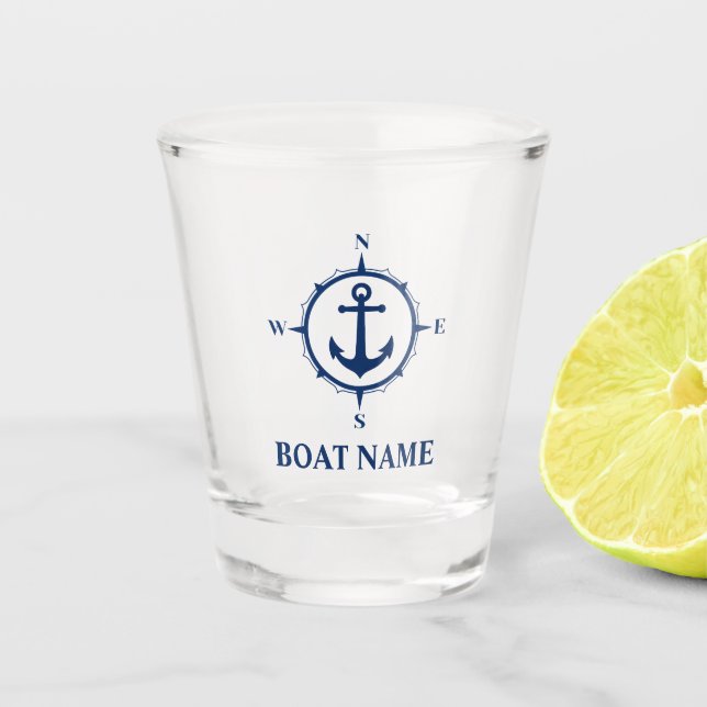 Your Boat Name Blue Compass Anchor Shot Glass (Front)