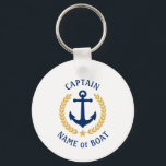 Your Boat Name Captain Anchor Gold Laurel White Key Ring<br><div class="desc">A Personalised Keychain with your boat name, family name or other desired text and Captain title or other rank as needed. Featuring a custom designed nautical boat anchor, gold style laurel leaves and star emblem on white or easily adjust the primary colour to match your current theme. Makes a great...</div>