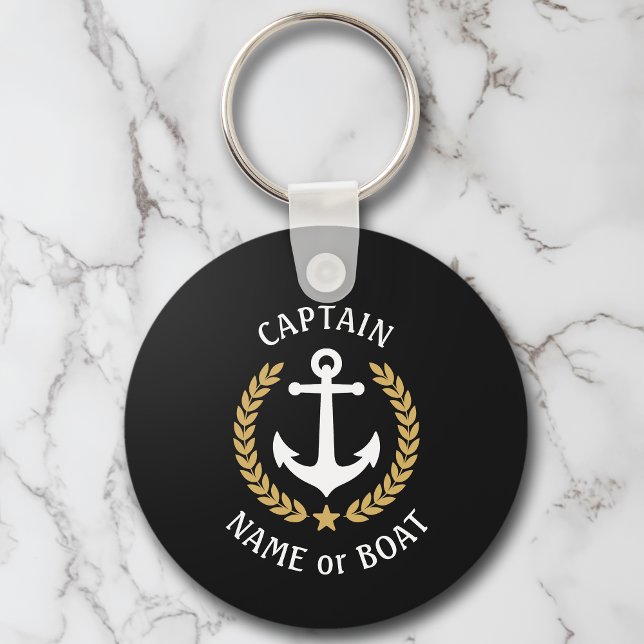 Your Boat Name Captain Anchor Laurel Navy Black Key Ring (Creator Uploaded)
