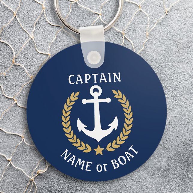 Your Boat Name Captain Anchor Laurel Navy Blue Key Ring (Creator Uploaded)