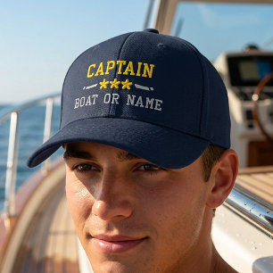 Your Boat Name Captain Nautical Stars Gold Silver Embroidered Hat