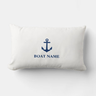 Your Boat Name Classic Anchor Navy Blue & White Lumbar Cushion