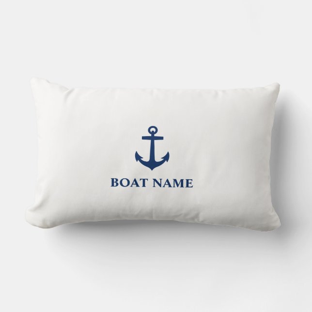 Your Boat Name Classic Anchor Navy Blue & White Lumbar Cushion (Front)