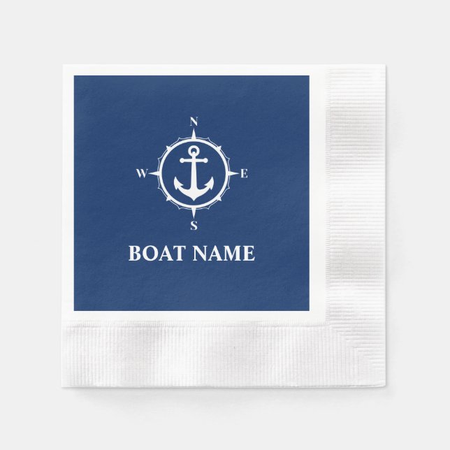 Your Boat Name Compass Anchor Blue Cocktail Napkin (Front)