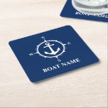 Your Boat Name Compass Anchor Blue Square Square Paper Coaster<br><div class="desc">Your Boat Name Compass Anchor Blue Coaster Square</div>