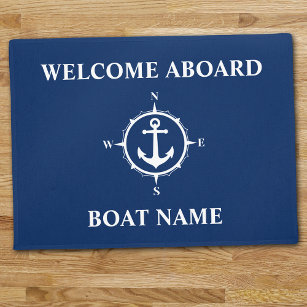 Your Boat Name Compass Anchor Blue Welcome Aboard Doormat