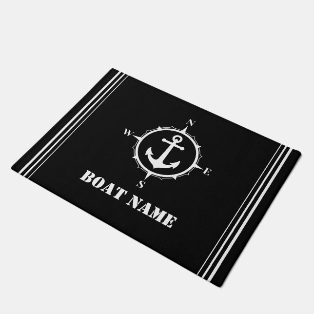 Your Boat Name Compass Anchor Modern Black Doormat (Angled)
