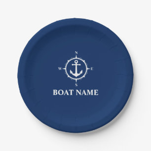 Your Boat Name Compass Anchor Navy Blue 7" Paper Plate