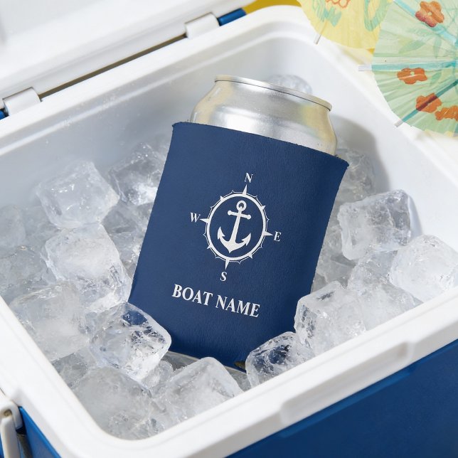 Your Boat Name Compass Anchor Navy Can Cooler (Creator Uploaded)