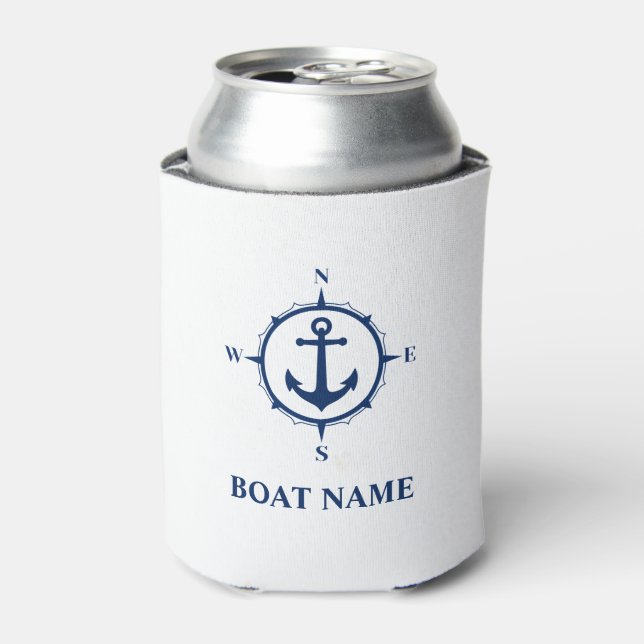 Your Boat Name Nautical Anchor Compass Navy white Can Cooler (Can Front)